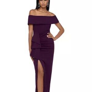 NEW Xscape Solid Side Ruched High Slit Off Shoulder Maxi Long Formal Gown Size 8